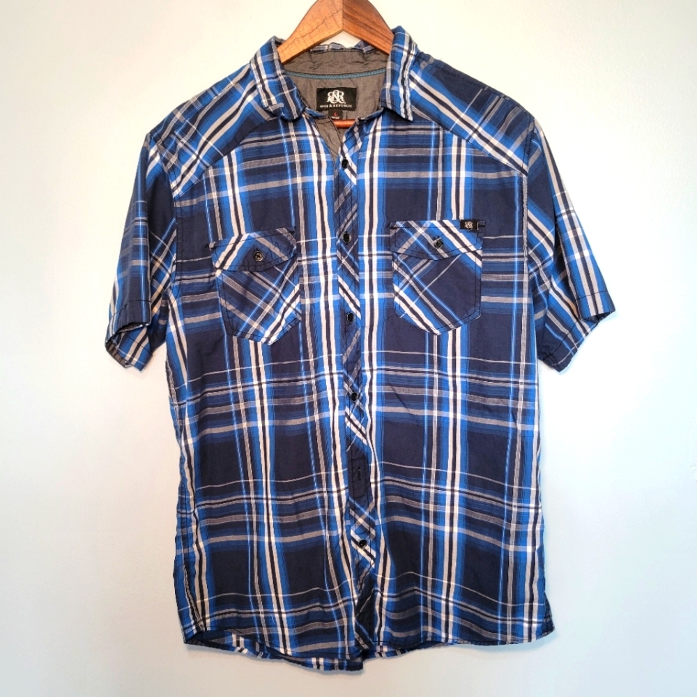 Rock & Republic‎ Short Sleeve Button Down Shirt Mens Size L Blue Plaid Western